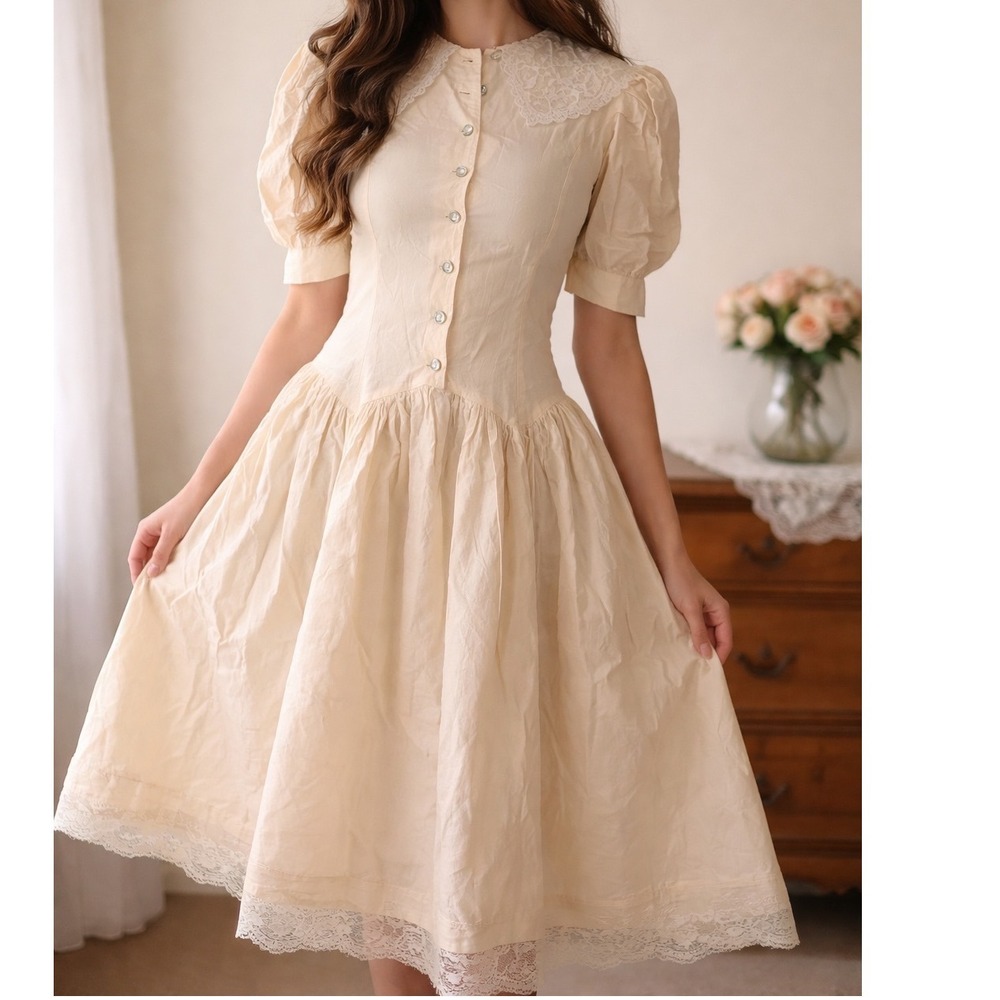 Vintage 1970s Joni Blair Prairie Dress Lace Collar Cotton Pockets USA 7